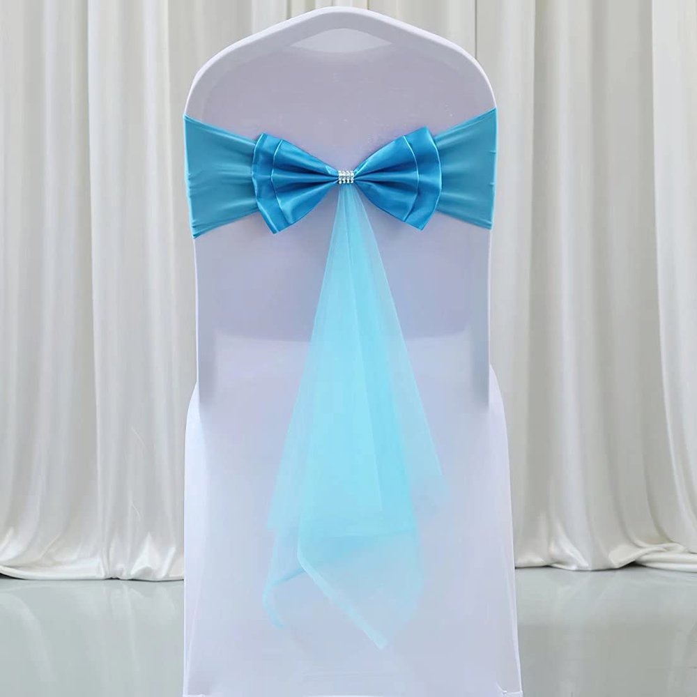 50Pcs Stretch Satin Chair Sashes Bows Chair Bands Decor for Hotel Wedding Reception Party Event Chair Cover Decoration Lake Blue