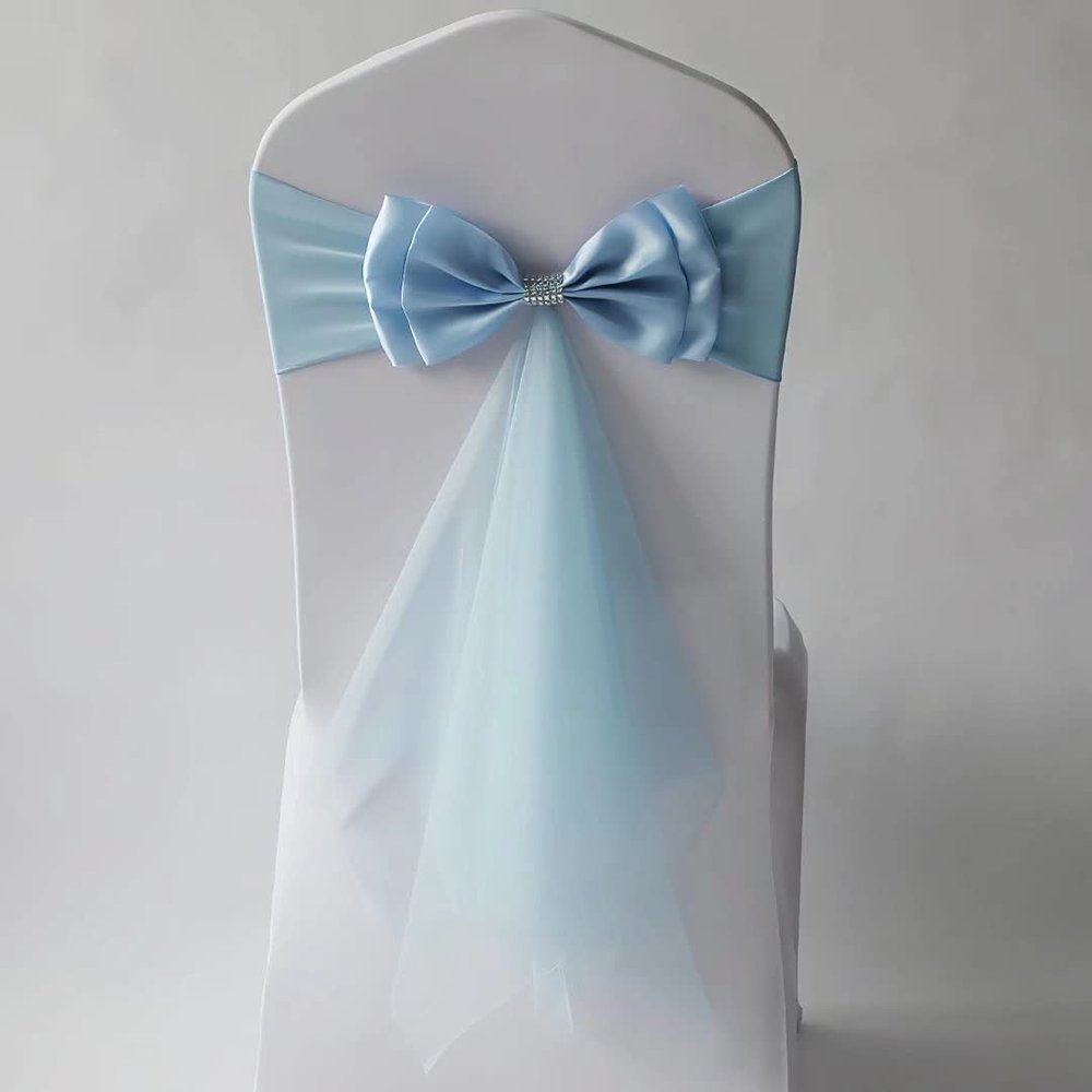 20Pcs Stretch Satin Chair Sashes Bows Chair Bands Decor for Hotel Wedding Reception Party Event Chair Cover Decoration Light Blue