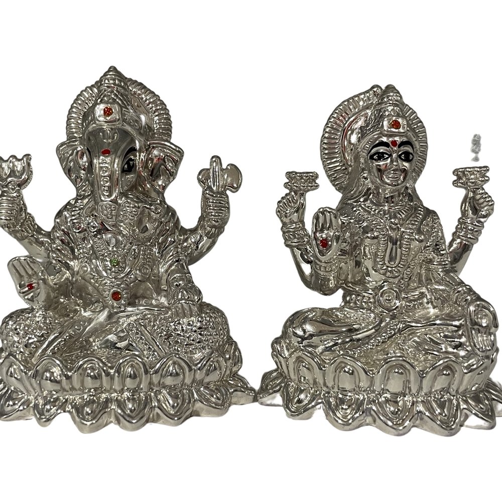 999 Pure Silver Big Ganesh & Lakshmi/Laxmi Idol/Statue/Murti (Figurine #36)