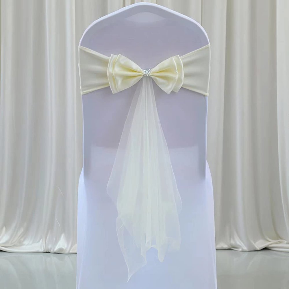 100Pcs Stretch Satin Chair Sashes Bows Chair Bands Decor for Hotel Wedding Reception Party Event Chair Cover Decoration Milky White
