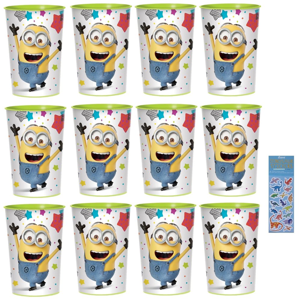 Despicable Me Birthday Party Supplies Bundle Pack includes12 Plastic Reusable 16oz Cups and 1 Dinosaur Sticker Sheet - 12 Count