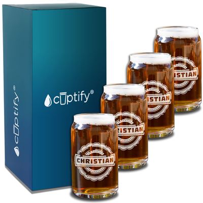Personalized Beer Can Set of Four Glasses Asperous Monogram Laser Engraved 5 oz Custom Glass for Men, House Warming and Weddings
