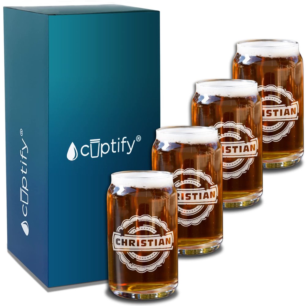 Personalized Beer Can Set of Four Glasses Asperous Monogram Laser Engraved 5 oz Custom Glass for Men, House Warming and Weddings