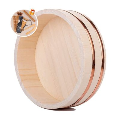 12 Sizes,Wooden Hangiri Sushi Rice Mixing Bowl Tub Sushi Oke Copper Bands for Sushi Restaurant Kitchen,39cm/15.3in