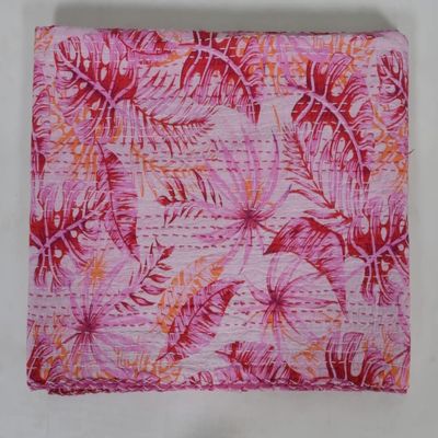 V Vedant Designs Indian Kantha Quilt Handmade Floral Print Kantha Bedcover Throw Cotton Blanket Gudari Twin and Queen Size Kantha Quilt (Pink, Twin)