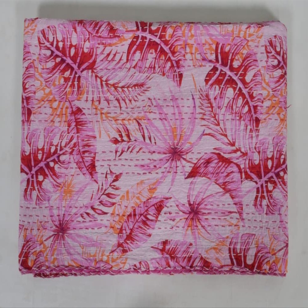 V Vedant Designs Indian Kantha Quilt Handmade Floral Print Kantha Bedcover Throw Cotton Blanket Gudari Twin and Queen Size Kantha Quilt (Pink, Twin)