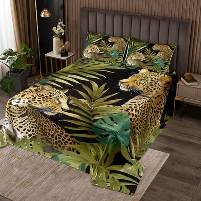 3D Cheetah Quilted King Size,Leopard Print Bedspread Tropical Palm Leaves Coverlet Set Big Cat Wildlife Botanical Bedspread Quilt Set Wild Animal Room Decor,Green
