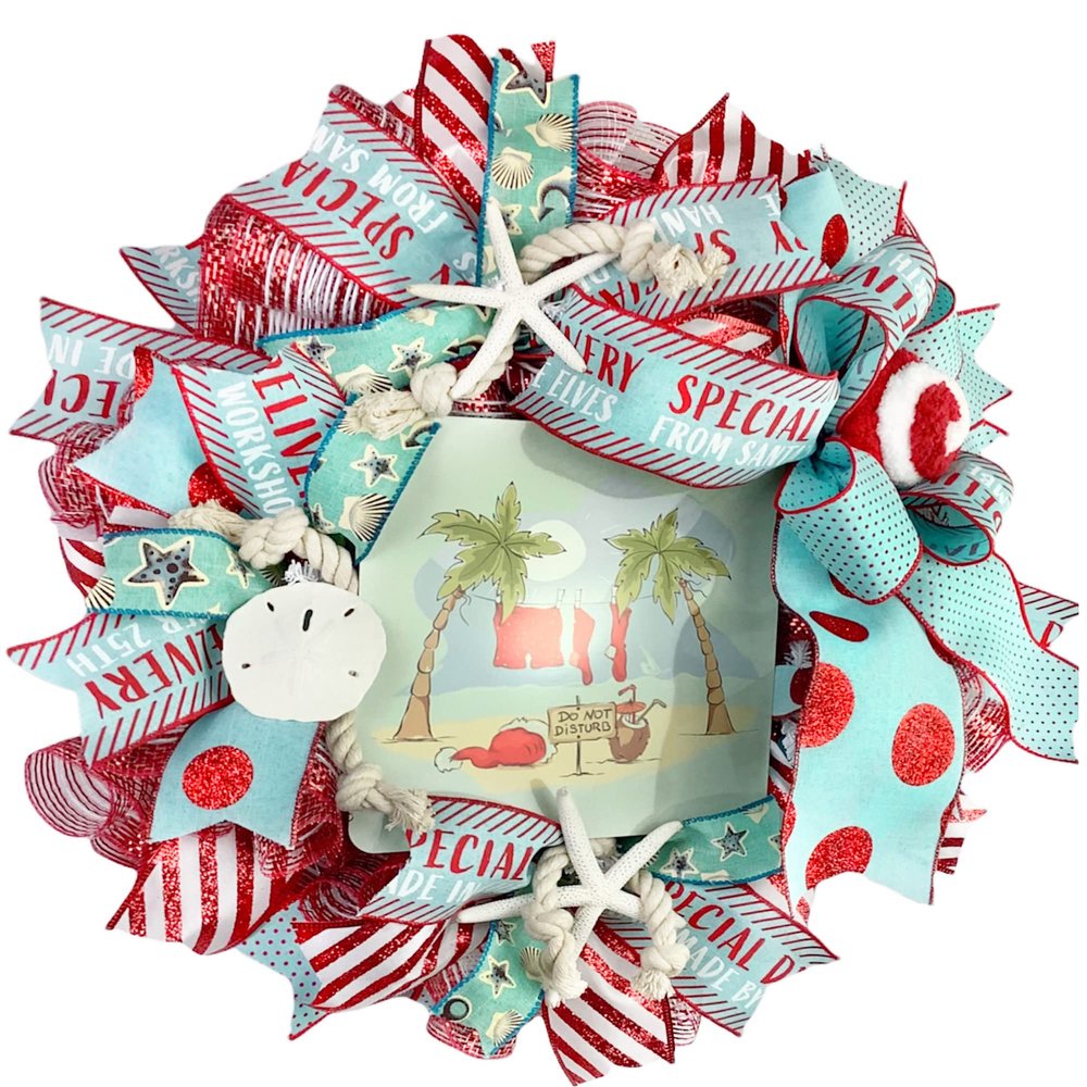 Artisan Do Not Disturb Santa on the Beach! Coastal, Beach, Nautical Santa on the Beach Christmas Wreath, Sand Dollar, Starfish, Ornaments & Nautical Rope Knots, Bow