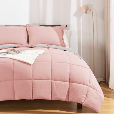 Wega Linen Comforter Set King (106'' x 90'') Reversible Bed Comforter Set 5 Pieces (1 Comforter + 4 Pillow Shams) Pink/Grey