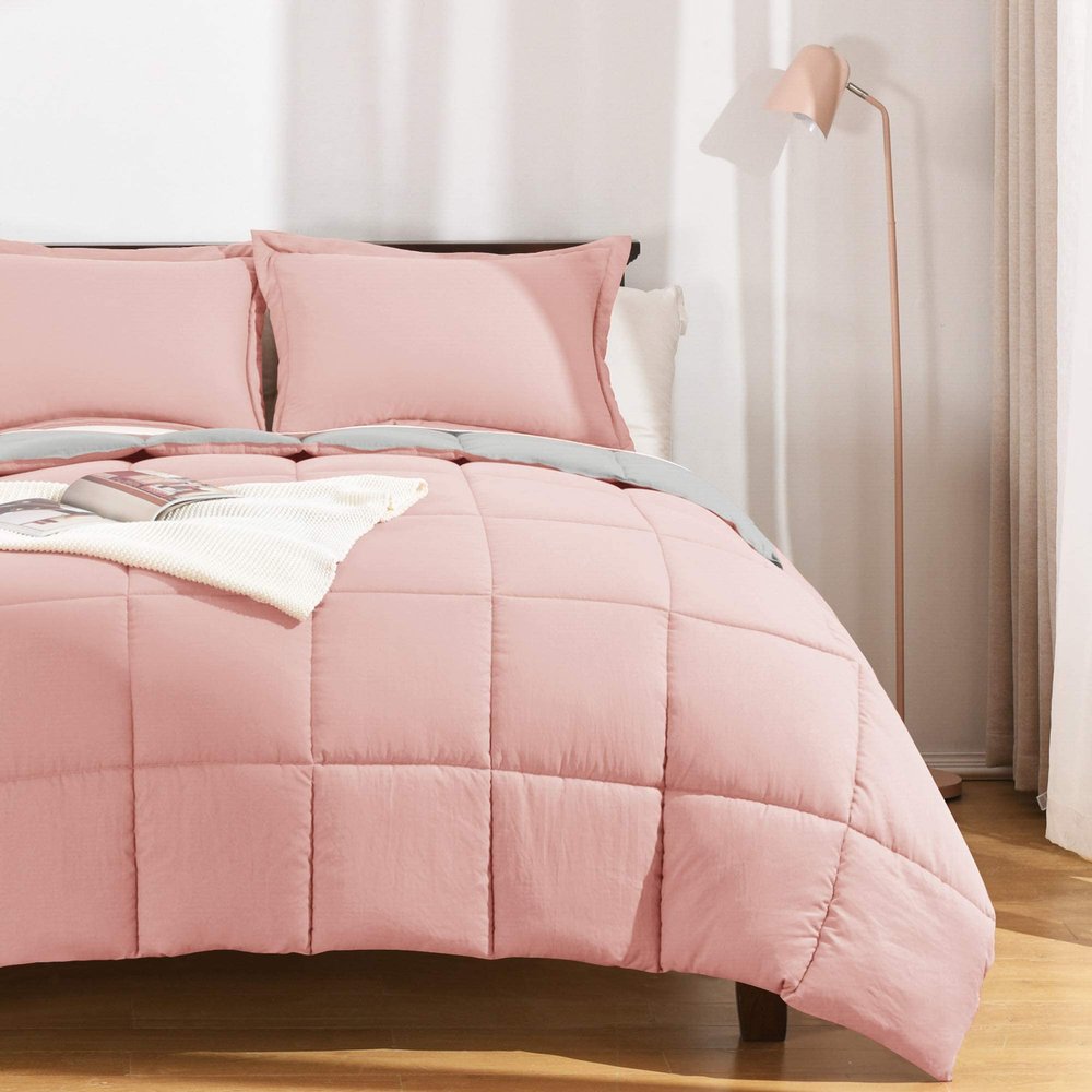 Wega Linen Comforter Set King (106'' x 90'') Reversible Bed Comforter Set 5 Pieces (1 Comforter + 4 Pillow Shams) Pink/Grey