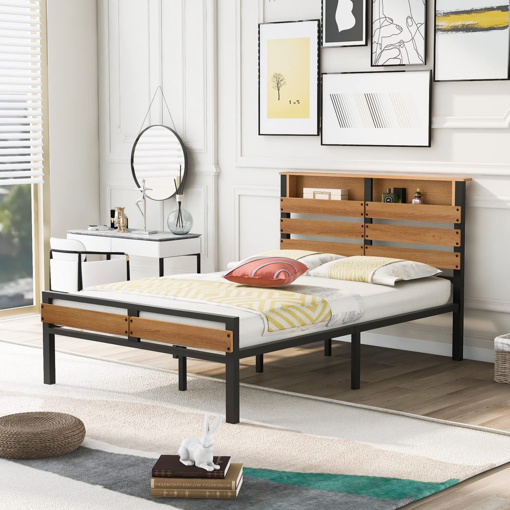 Actual Full Size Metal & Wood Bed Frame,Platform Bed with Headboard and Footboard, Strong Steel Slats Support,Extra Storage Space,for Various Bedroom Styles,No Box Spring Needed (Black)