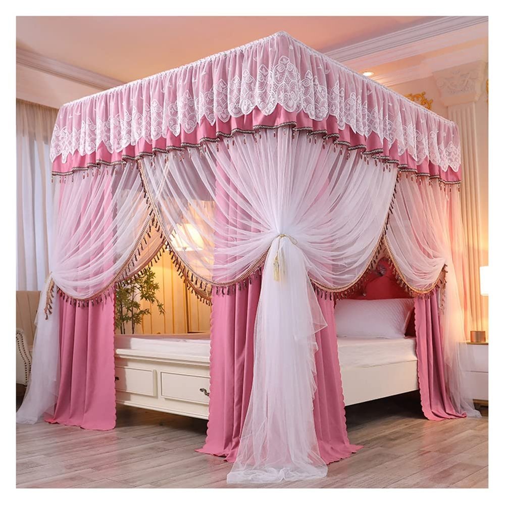 Bed Canopy Pink Girl Princess Room Bed Canopy Curtain, Luxurious Four- Corner Double Bed Cover, with Nets and Frames for All Seasons, 4 Sizes (Size : 180x220x210cm)