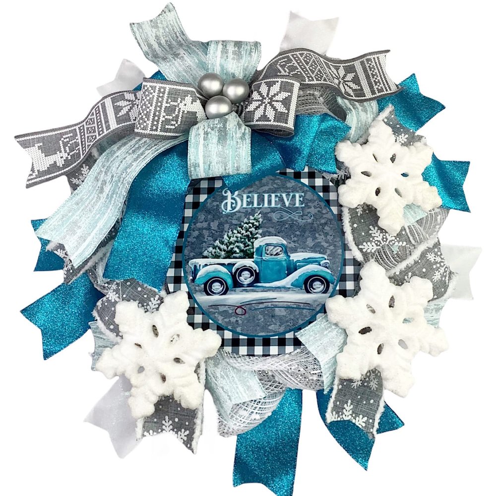 Artisan Christmas wreath featuring blue truck, ice blue, turquoise, silver grey, Christmas door hanger, Christmas decorations