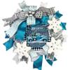 Artisan Christmas wreath featuring blue truck, ice blue, turquoise, silver grey, Christmas door hanger, Christmas decorations view 1