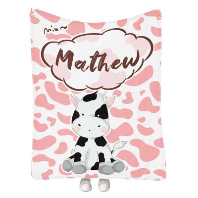 Artsadd Custom Cow Print Blanket with Name Personalized Baby Blanket for Girls Boys Throw Fleece Blanket with Pink Cow Print Customized Name Receiving Swaddle Blanket Birthday for Kids 40"x50"