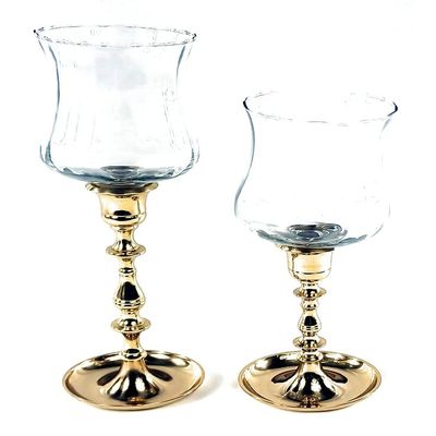 3SCompany Long Stem Solid Brass Shiny Gold Fluted Tulip Hurricane Set of 2 Candle Holders 9 inch and 11 inch Tall