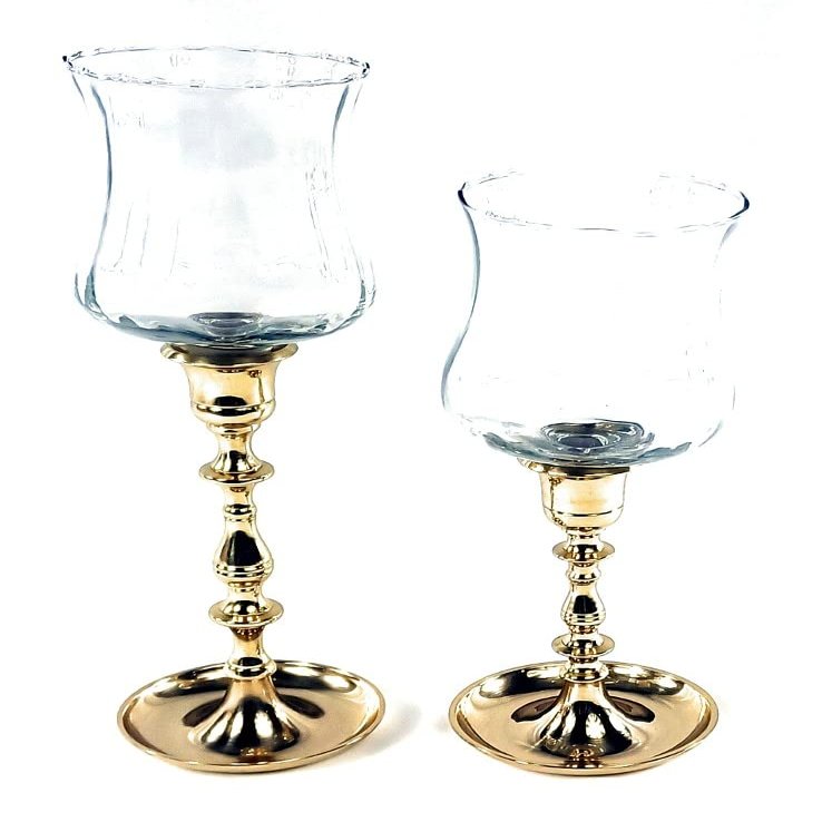 3SCompany Long Stem Solid Brass Shiny Gold Fluted Tulip Hurricane Set of 2 Candle Holders 9 inch and 11 inch Tall