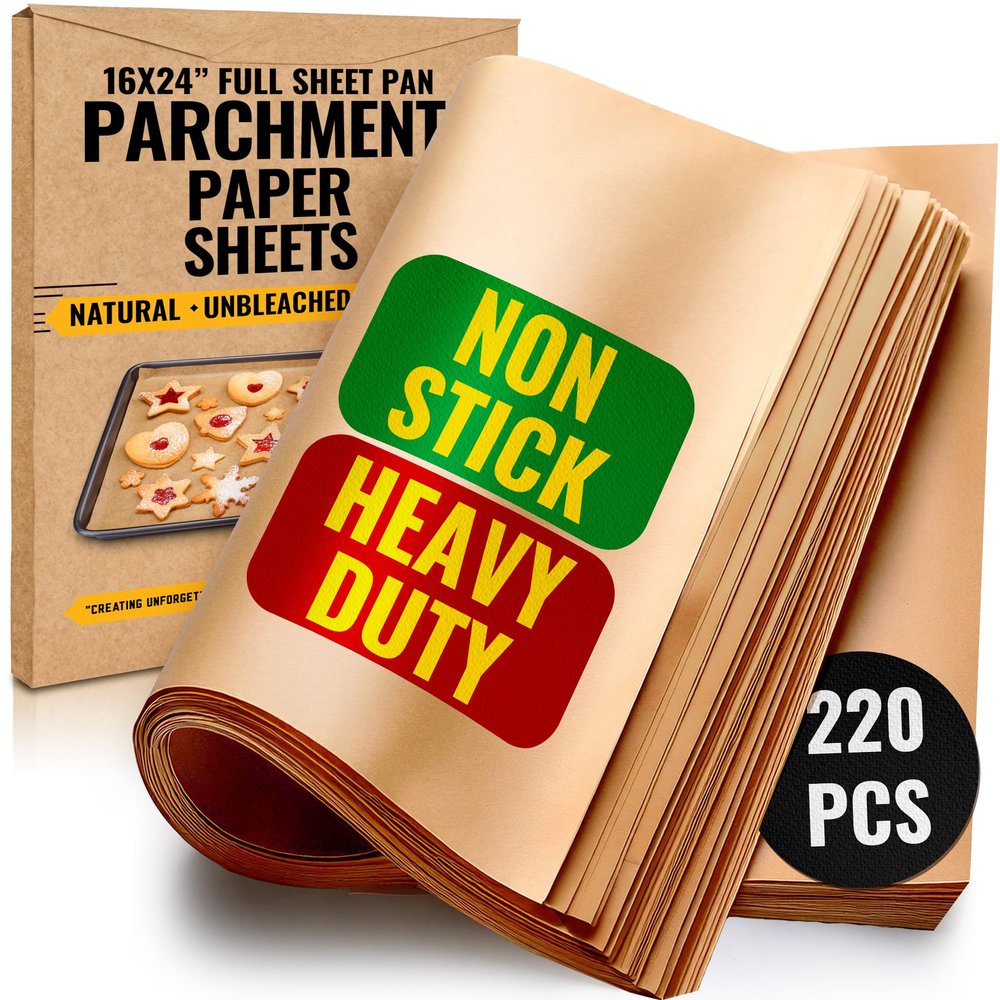 [220 Sheets] Full Sheet Pan 16 x 24 Inch Parchment Paper Baking Sheets by Bakers Signature | Precut Silicone Coated & Unbleached Will Not Curl or Burn Non-Toxic & Comes in Convenient Packaging