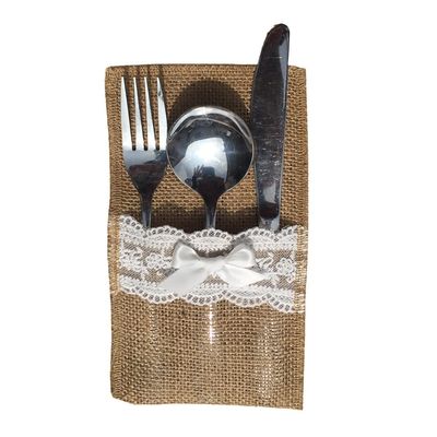 10PCS Burlap Lace Cutlery Holder Silverware Cutlery PouchKnifes Forks Bag Retro Country Wedding Party (Bow Tie)