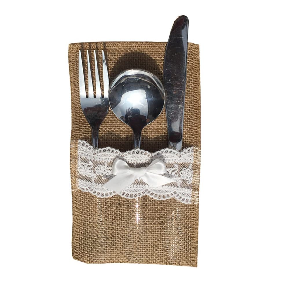 10PCS Burlap Lace Cutlery Holder Silverware Cutlery PouchKnifes Forks Bag Retro Country Wedding Party (Bow Tie)