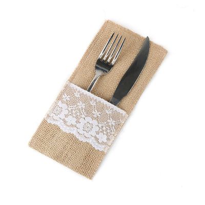 10PCS Burlap Lace Cutlery Holder Silverware Cutlery PouchKnifes Forks Bag Retro Country Wedding Party (Lace 2)
