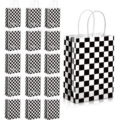Epakh 16 Pcs Checkered Racing Treat Bags Race Car Party Favors with Handles Black and White Checkered Flag Candy Goodie Gift Bags for Themed Birthday Party Supplies