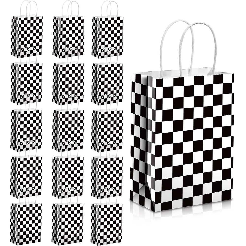 Epakh 16 Pcs Checkered Racing Treat Bags Race Car Party Favors with Handles Black and White Checkered Flag Candy Goodie Gift Bags for Themed Birthday Party Supplies