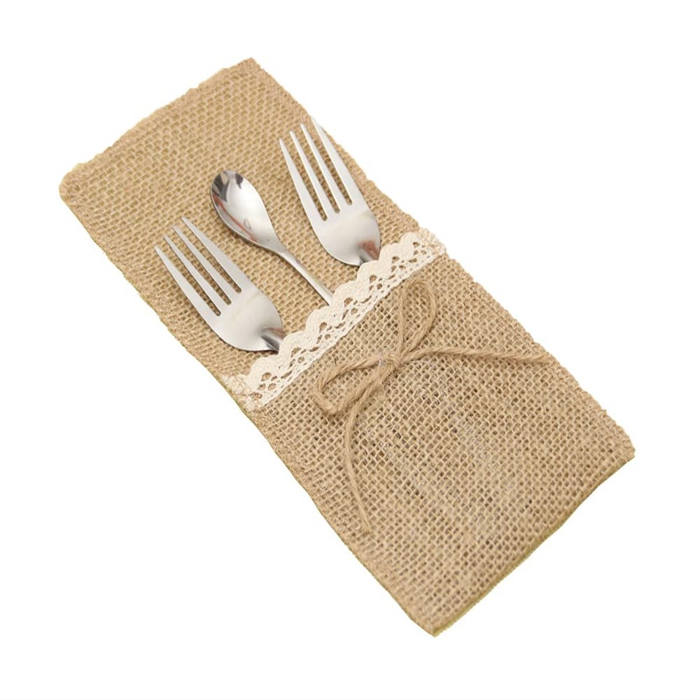 10PCS Burlap Lace Cutlery Holder Silverware Cutlery PouchKnifes Forks Bag Retro Country Wedding Party (Twine knot)