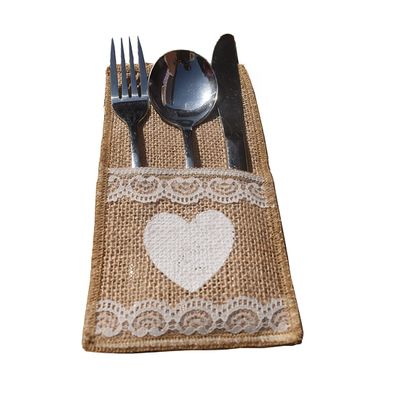10PCS Burlap Lace Cutlery Holder Silverware Cutlery PouchKnifes Forks Bag Retro Country Wedding Party (Love B)