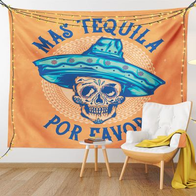 Ambesonne Alcohol Tapestry, Hand-Drawn Sugar Skull Wearing Sombrero with Mas Tequila Por Favor Saying, Fabric Wall Hanging Decor for Bedroom Living Room Dorm, 28" X 23", Multicolor Orange