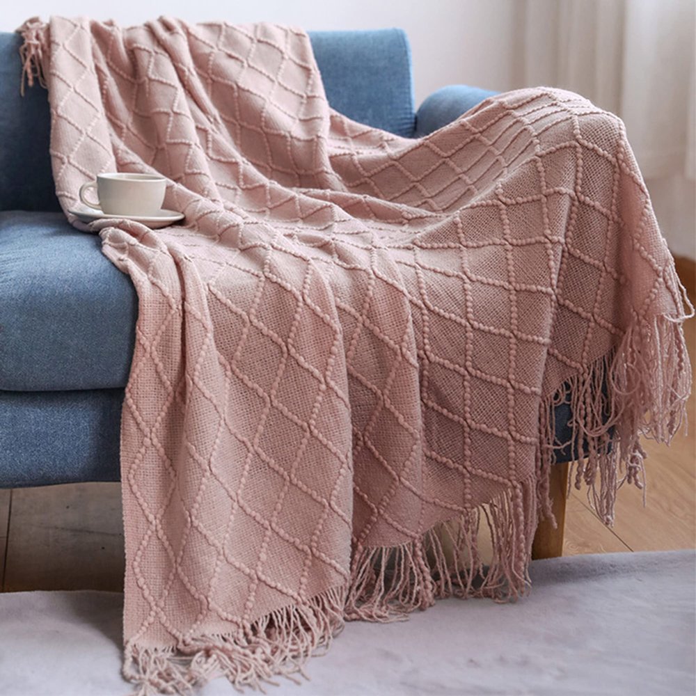 100% Acrylic Throw Blanket with Fringes Tassel, Stripe Pattern Throw Blanket for Bed Sofa Couch Chair Armchair, Solid Color Cozy Knit Texture Plaid Blanket,150x200cm,Pink