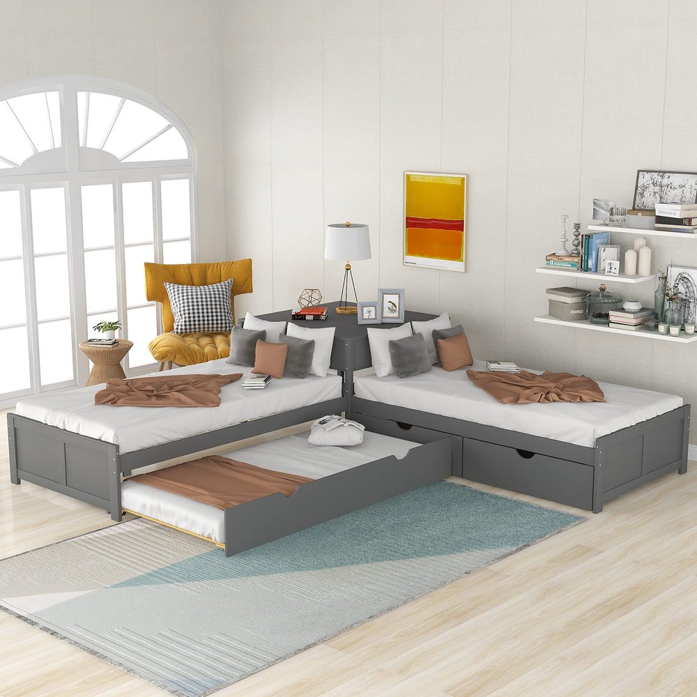 Merax Twin Size L-Shaped Platform Beds with Trundle and 2 Storage Drawers Linked with Built-in Table, Platform Twin Bed for Kids, Teens, Boys&Girls, Grey