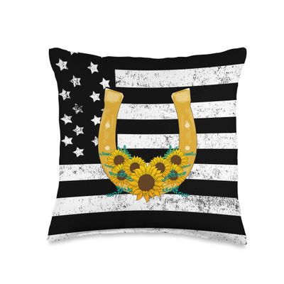 American Flag Horse Shoe Sunflower Vintage Lucky Patriotic Throw Pillow