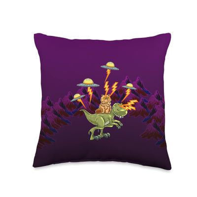 Cat On Trex Fighting UFO Funny Dinosaur Animal Space Lover Throw Pillow