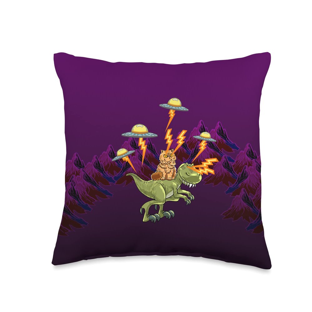 Cat On Trex Fighting UFO Funny Dinosaur Animal Space Lover Throw Pillow