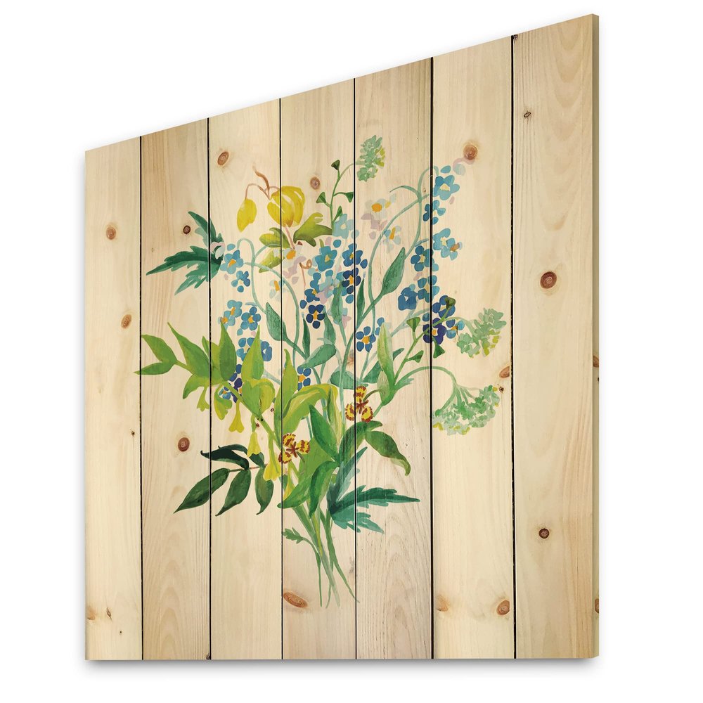 DesignQ Meadow Flowers Garland Farmhouse Wood Wall Decor, Green Wood Wall Art, Large Floral Wood Wall Panels Printed On Natural Pine Wood Art