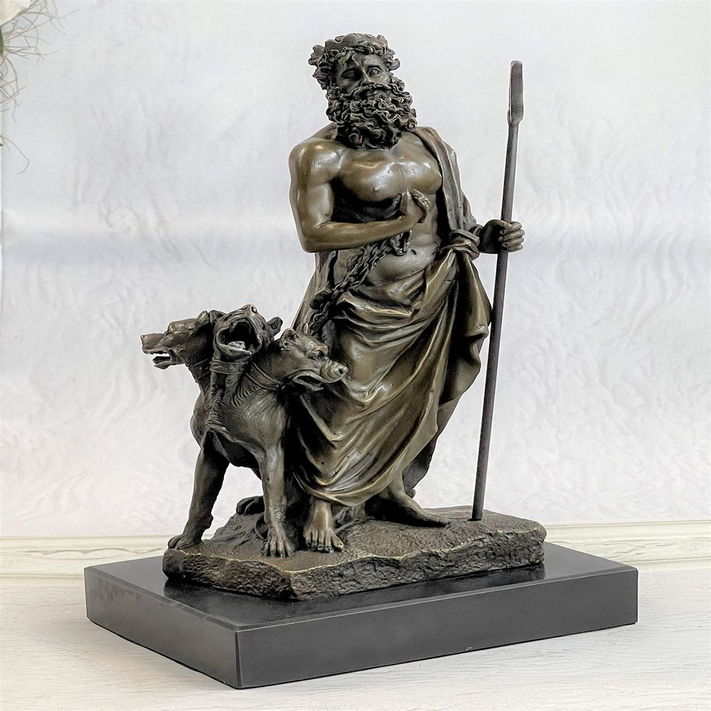 Collectible Figurine Bronze Decor Signed Phidas Hades Pluto with 3 Headed Dog Art