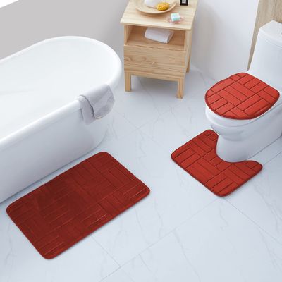 All American Collection 3PC Memory Foam Bath Mats Soft Plush Stripe Design Anti-Slip Shower Bathroom Contour Toilet Lid Cover Rugs (Stripe Brick)