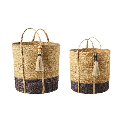 Mud Pie Seagrass Black Basket Set, Brown, 16" x 16" dia