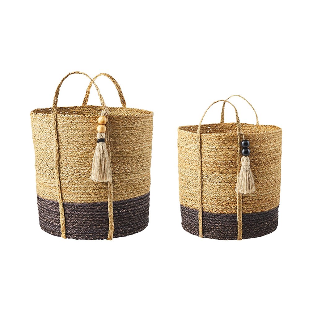 Mud Pie Seagrass Black Basket Set, Brown, 16" x 16" dia