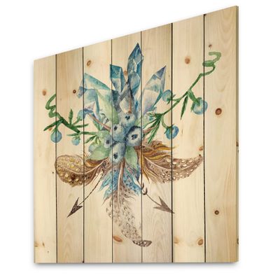 DesignQ Fresh Tribal Vignette Wild Forest Wreath Design I Traditional Wood Wall Decor, Blue Wood Wall Art, Large Floral Wood Wall Panels Printed On Natural Pine Wood Art