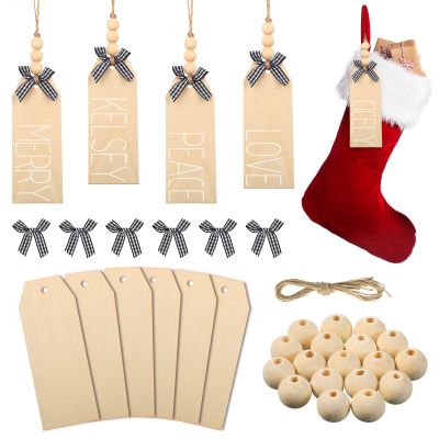 Jetec 6 Pieces Christmas Wood Stocking Name Tags DIY Stocking Signs Personalized Farmhouse Name Tag with Buffalo Check Bows for Christmas Closet Xmas Hanging Decoration (Natural Color)