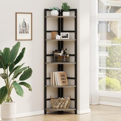BON AUGURE Rustic Corner Shelf Stand, Tall Industrial Corner Bookshelf, Wood Metal 5 Tier Bookcase Shelves, Display Shelving Unit for Kitchen, Living Room (Dark Grey Oak)
