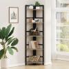 BON AUGURE Rustic Corner Shelf Stand, Tall Industrial Corner Bookshelf, Wood Metal 5 Tier Bookcase Shelves, Display Shelving Unit for Kitchen, Living Room (Dark Grey Oak) view 3
