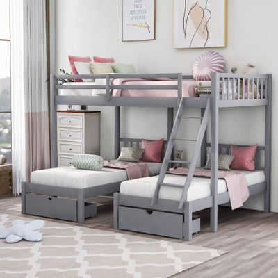 AOCHUANG Full Over Twin & Twin Bunk Bed 3 with Drawers & Guardrails & Ladder, Can be Divided into Three Separate Beds, Soild Wood Triple Bunk Bed Kids, Teens, Adults, Space Saving Design (Gray+Wood)