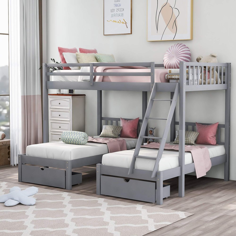 AOCHUANG Full Over Twin & Twin Bunk Bed 3 with Drawers & Guardrails & Ladder, Can be Divided into Three Separate Beds, Soild Wood Triple Bunk Bed Kids, Teens, Adults, Space Saving Design (Gray+Wood)
