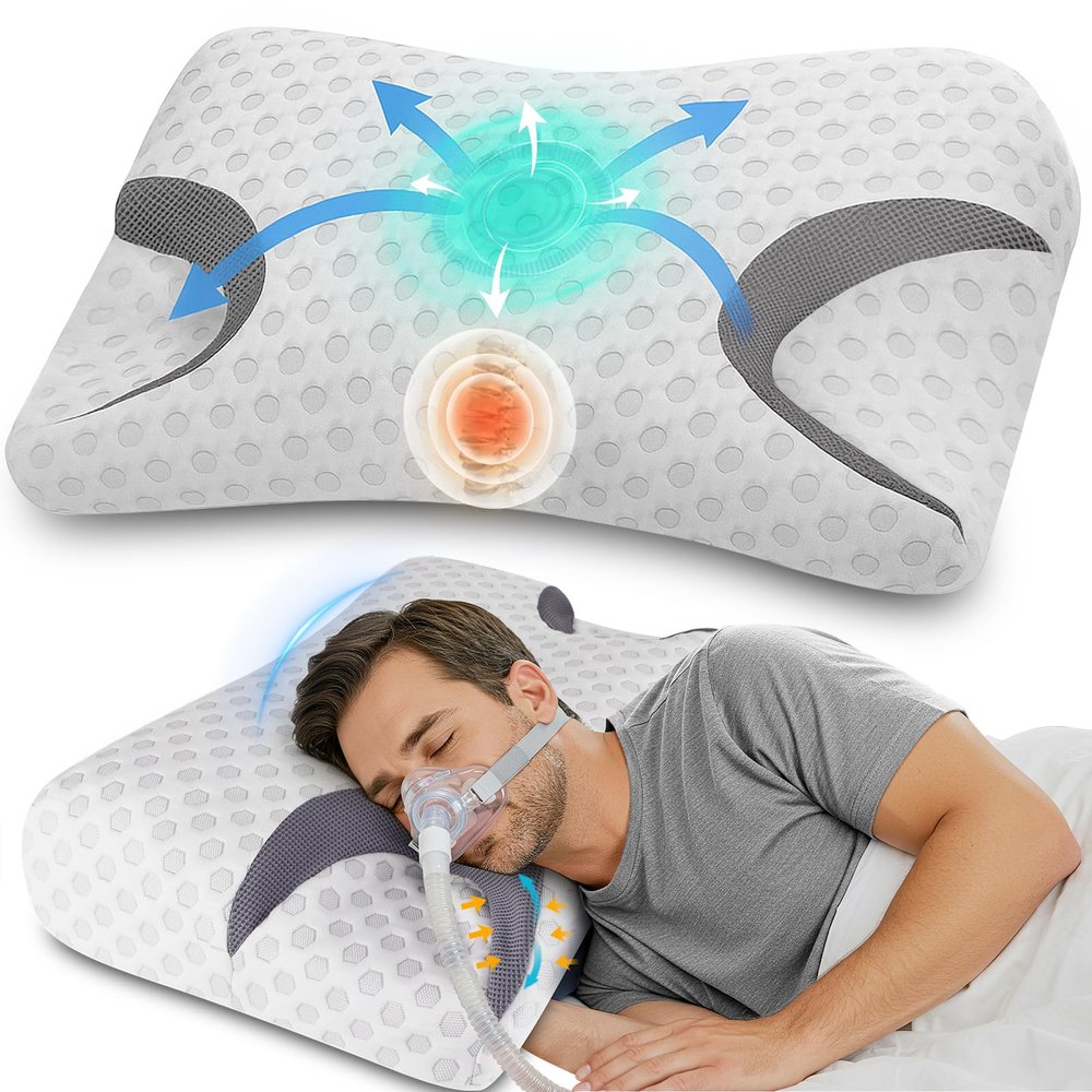 IKSTAR CPAP Pillow for Side Sleepers  Fits All CPAP Mask Types  Adjustable Memory Foam with Contoured Cutouts for Side, Back & Stomach Sleepers  Reduces Air Leaks & Mask Pressure a Better Sleep