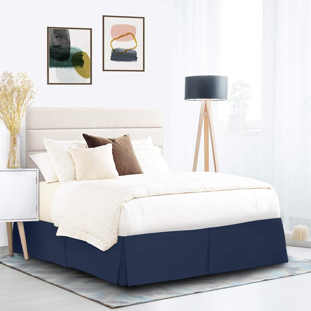 Pleated Bed Skirt - 100% Cotton 600 Thread Count Silky Soft 1 Piece Box Pleated Bed Skirt 18" Drop Length/Fall Length Bed Skirt (Twin Size, Navy Blue Solid)