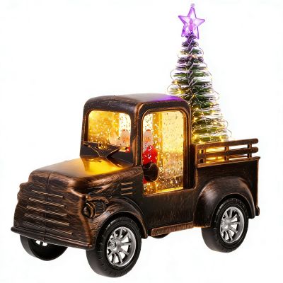 NUOBESTY Mini Vintage Christmas Truck Decor Snow Globe Lantern With Glowing Mini Christmas Tree for Home Tabletop Decoration (Dark Green)