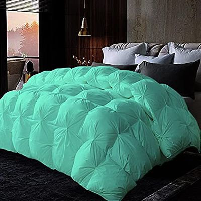 1 PC Baffle Box Pinch Pleated Comforter 100% Combed Cotton Pin Tuck Modern Design Down Alternative Comforter 500 GSM Lightweight, Cloud Fluffy All Season-Warmth Queen/Full | Aqua Quilted